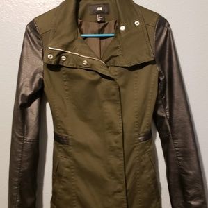 H&M olive green and leather sleeve jacket